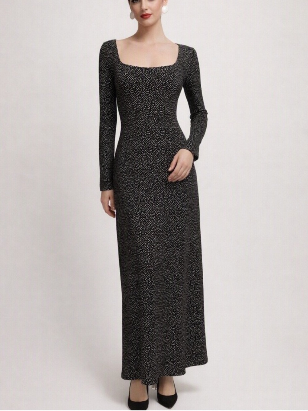 ModCloth Black Long Sleeve Square Neck Maxi Dress, Small, EUC